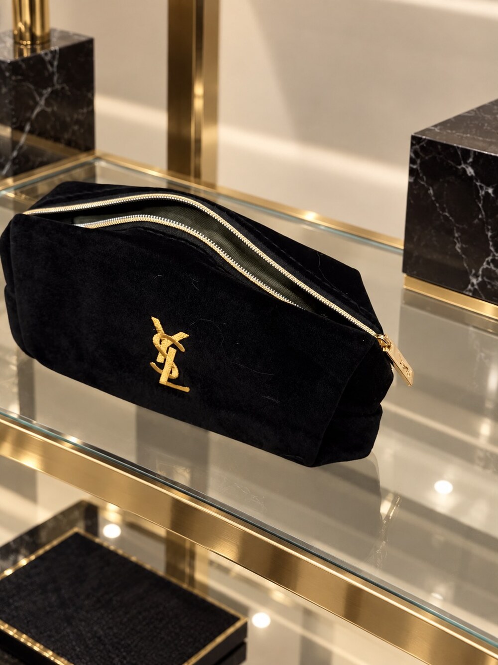 Yves Saint Laurent Black Velvet Makeup Bag | Sleek Cosmetic Organizer - Picture 2 of 6